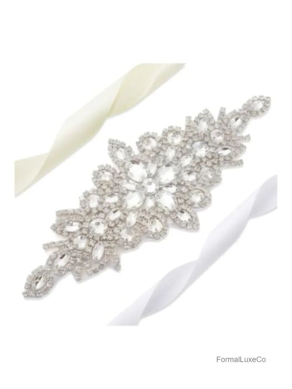 Crystal Rhinestone Applique Belt with Satin Ribbon - Bridal Sash for Wedding